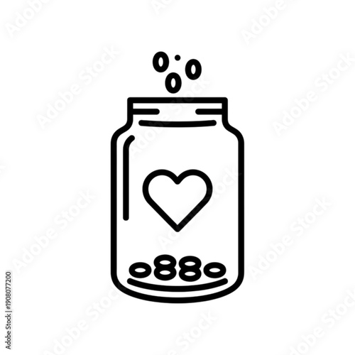 A minimalist black and white vector image featuring a glass jar with a heart symbol being filled with coins, representing charitable giving, community fundraising, and philanthropic support