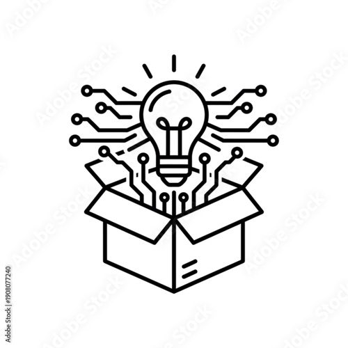 A minimalist black and white vector image of a lightbulb with circuit board patterns emerging from an open box, symbolizing technical innovation and thinking outside the box