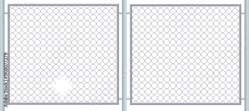 Damaged lattice metal fence. Hole in iron grid