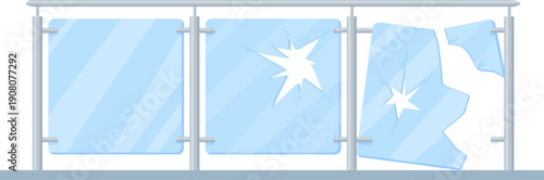 Shattered glass barrier. Broken transparent panel wall