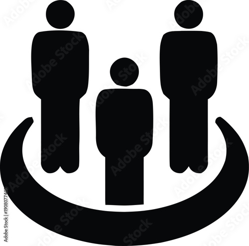 Three stylized human figures standing together upon a curved line suggesting community integration or protected group support concept
