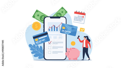 Financial growth illustration showing stacks of coins and money bill with black rising arrow and people icons in front.