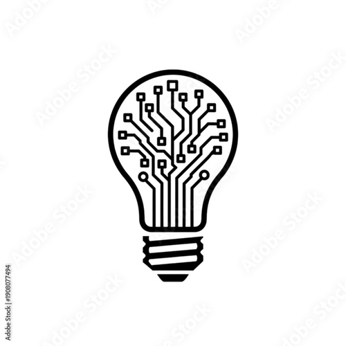 A minimalist black and white vector image of a lightbulb containing a complex circuit board pattern, symbolizing a smart idea, technological innovation, and digital creativity