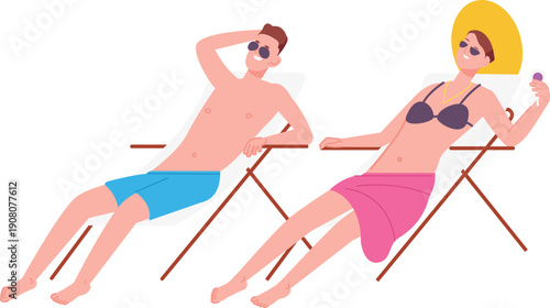 People sit on beach deck chairs. Summer resort couple relaxation