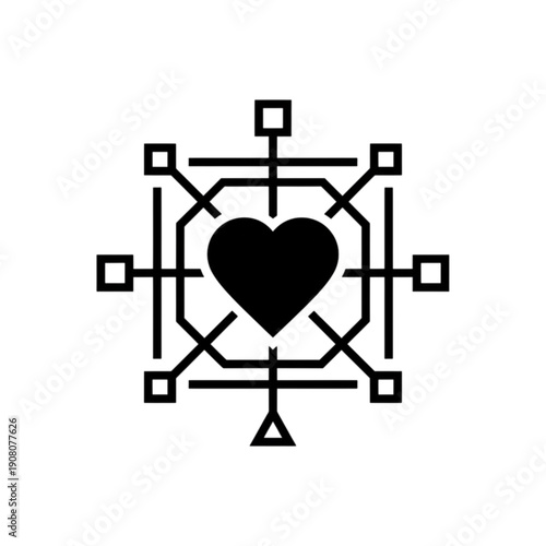 A minimalist black and white vector image featuring a solid heart centered within a complex geometric circuit board pattern, symbolizing the intersection of human emotion, healthcare technology and AI