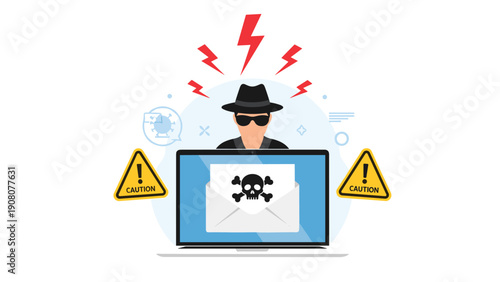 Cyber criminal operating a laptop with a malicious email showing a skull icon and yellow caution signs.