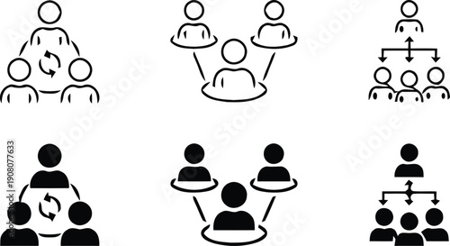 Collection of diverse organizational chart icons illustrating various network collaboration structures and hierarchical team management concepts in black outline and solid fill styles.