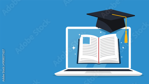 Online education concept with an academic mortarboard resting on a laptop showing a digital book screen.