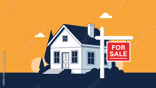 Residential property with a front yard and a red for sale sign posted during a beautiful sunset.