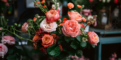 Bouquet of assorted roses in shades of pink and peach arranged in a glass vase, surrounded by greenery and floral decorations in a flower shop setting