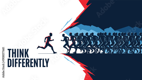Silhouette of an individual running away from a crowd representing the concept of thinking differently.