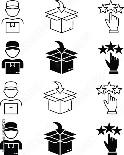 Collection of delivery service icons showing courier package receipt unboxing and customer satisfaction rating in both outline and solid styles