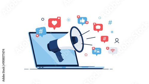 Digital marketing and social media promotion concept with a megaphone emerging from a laptop screen.