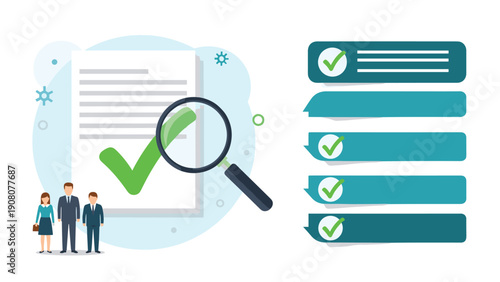 Business document verification process showing a magnifying glass over a checklist with a professional team.