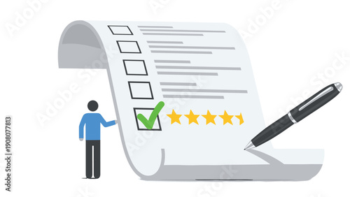 Customer feedback and rating concept showing a person standing next to a large checklist and five stars.
