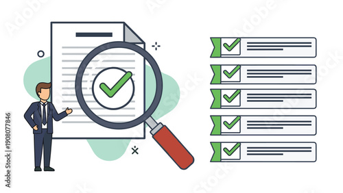 Professional business verification concept showing a man presenting a document inspected with a magnifier.