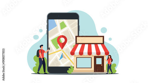 Local business discovery concept showing a store building and people next to a large mobile map screen.