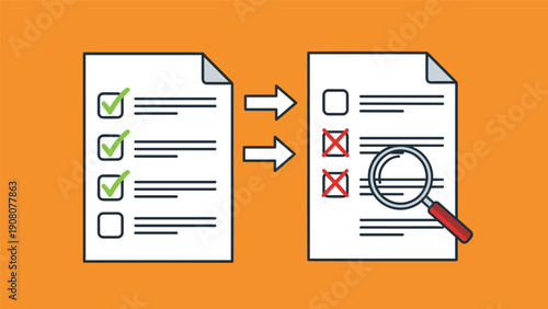 Document revision and correction process showing a transformation from verified to rejected status with magnifying glass.