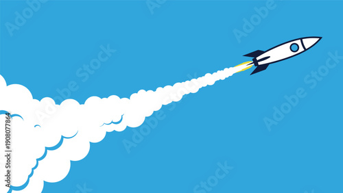 Rocket ship launching upwards into the blue sky with a long white smoke trail representing growth and success.