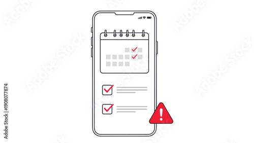 Mobile schedule management concept featuring a calendar app with checkmarks and a red caution symbol.