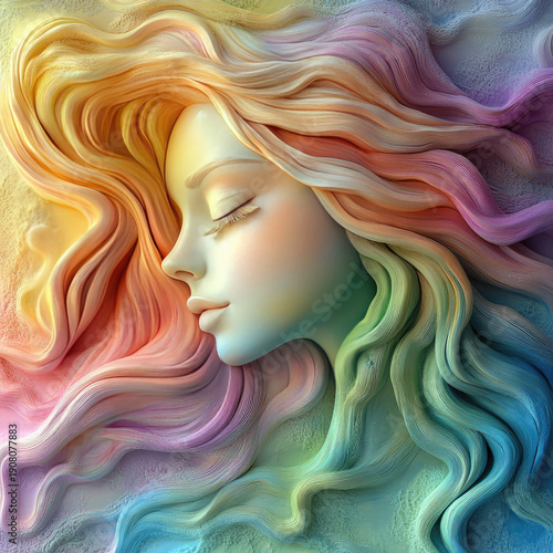 A 3D portrait of a beautiful stranger in rainbow tones. A template for a romantic card, invitation, or creative print. A sketch for the interior decor of an exhibition pavilion or gallery. Illustratio