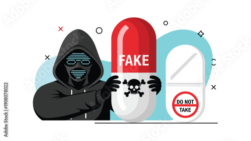 Hooded figure holding a large fake medication pill with a warning sign to illustrate the dangers of counterfeit drugs.