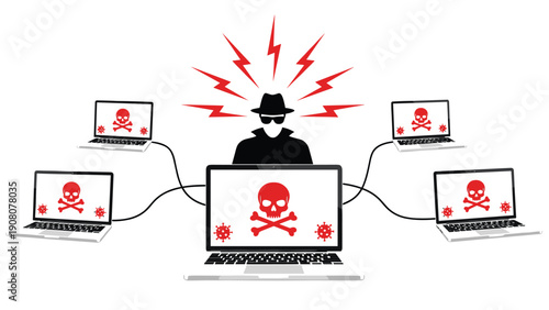 Cyber criminal in a mask controlling multiple infected laptops with red skull icons to represent a massive hacking attack.