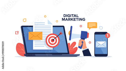 Digital marketing concept showing a laptop with target symbols megaphone and smartphone representing online advertising.