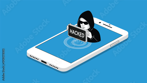 Cyber criminal emerging from a smartphone screen holding a hacked sign to represent mobile security threats and data theft.