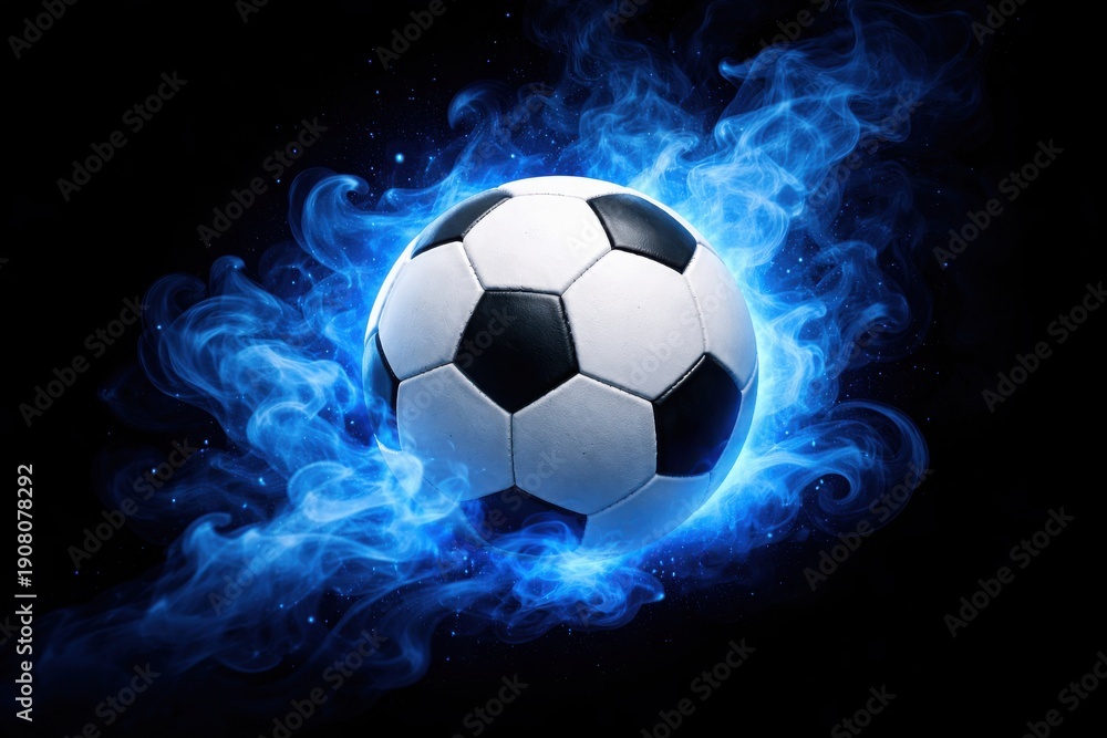 Naklejka premium Soccer ball soccer ball surrounded by blue fire flames dark background sports game action energy
