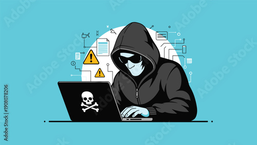 Hooded hacker using a laptop surrounded by security icons like warning signs and encrypted documents on a blue background.