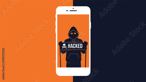 Smartphone screen showing a hooded hacker figure holding a hacked sign on an orange and black split background.