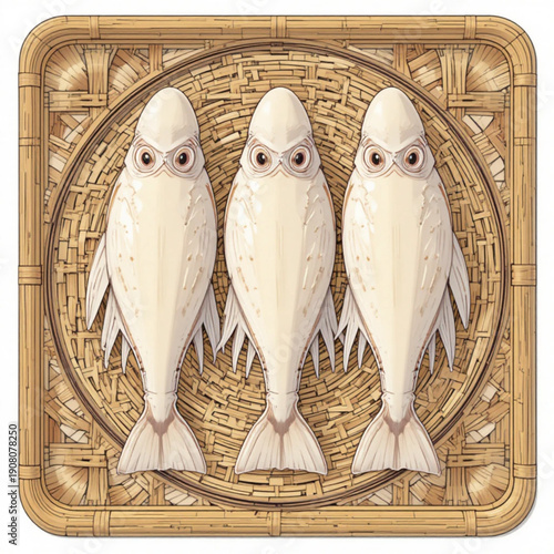 illustration of three fresh cuttlefish (sotong) arranged neatly on a woven bamboo tray