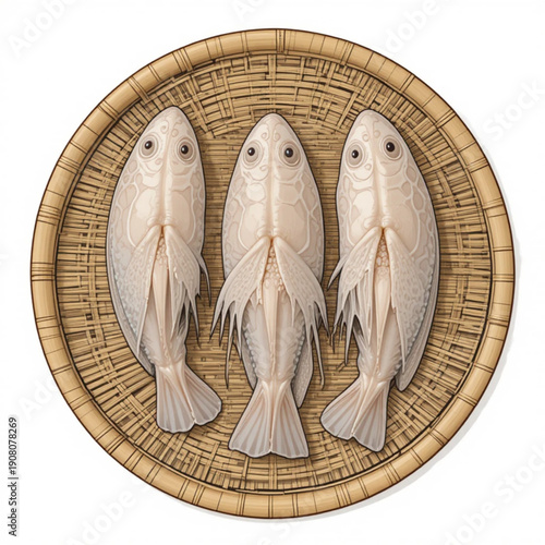 illustration of three fresh cuttlefish (sotong) arranged neatly on a woven bamboo tray
