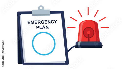Clipboard showing an emergency plan document next to a flashing red siren for crisis management and safety procedures.