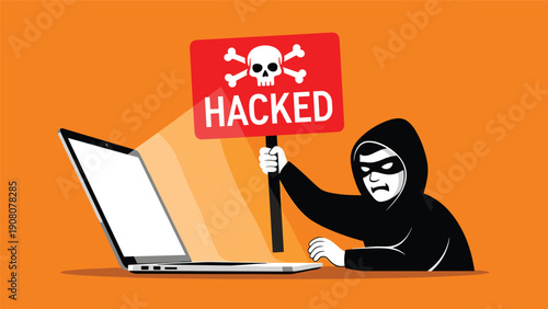 Hacker emerging from a laptop screen holding a red sign with a skull and hacked text representing cyber security breaches.
