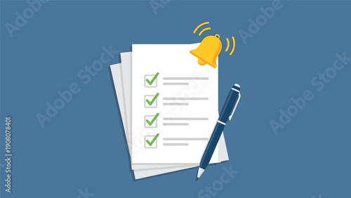 Business checklist on paper stack with fountain pen and yellow notification bell symbol for task reminders and important deadlines.