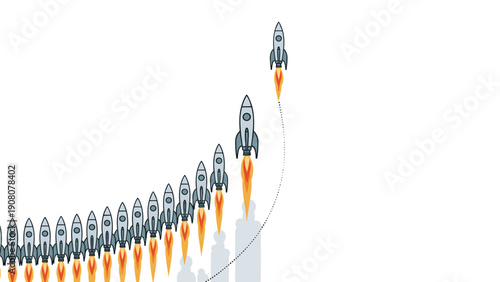 Group of space rockets launch simultaneously in curved trajectory symbolizing rapid business growth and successful project startup.