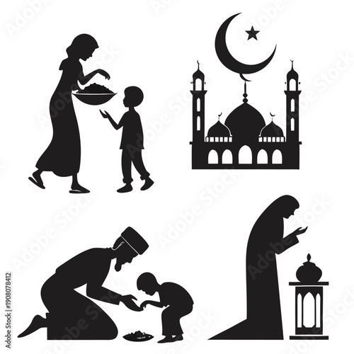 Silhouette illustration of a bride and groom couple in love representing a romantic wedding moment