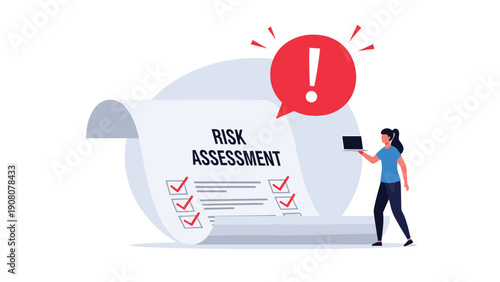 Young woman uses laptop computer while conducting a formal risk assessment on a large document with various red checkmarks.