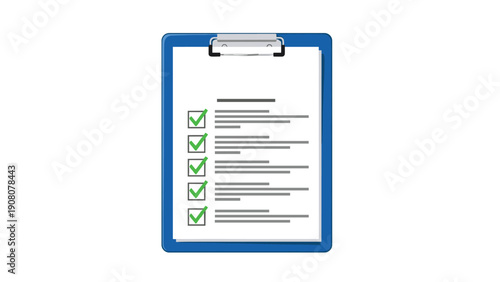 Blue clipboard holds long list of completed tasks with green checkmarks representing efficient workflow and project milestones.