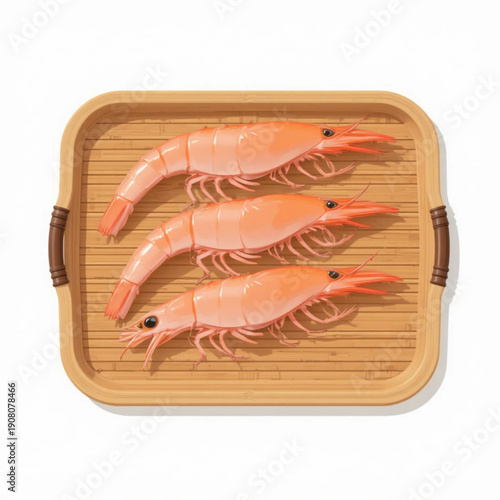 illustration of three fresh shrimps arranged neatly on a woven bamboo tray, top view