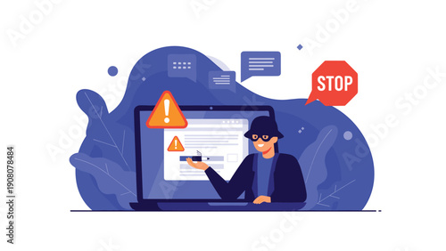 Cybercriminal in mask and hoodie attempts to breach secure laptop system while stop sign and warning icons appear on screen.