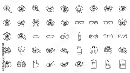 Set of optometry and eye care icons including glasses contact lenses magnifying glass and medical equipment for vision health.