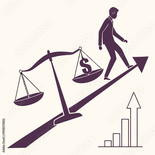 Vector illustration of a man and a woman standing on a balance scale symbolizing equality, justice, and fair comparison in business and life