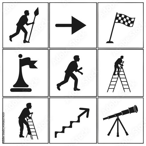 Vector illustration of a businessman walking with a suitcase in a clean black silhouette icon style suitable for business and people symbols