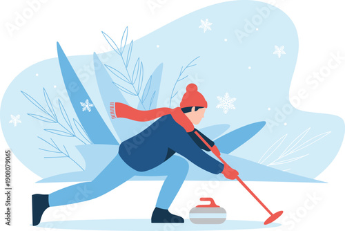 Modern flat winter curling illustration featuring an athlete sliding stone on icy rink with broom and scarf in snowy landscape for sports, competition, fitness, and seasonal lifestyle design projects
