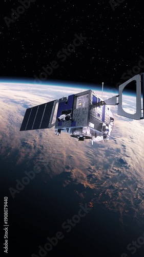 3D animation of a communication satellite observing Earth’s surface in orbit, featuring detailed solar panels, antenna systems and realistic atmosphere and cloud formations.