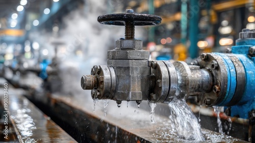 Close-up of a leaking industrial valve with steam and water, factory setting