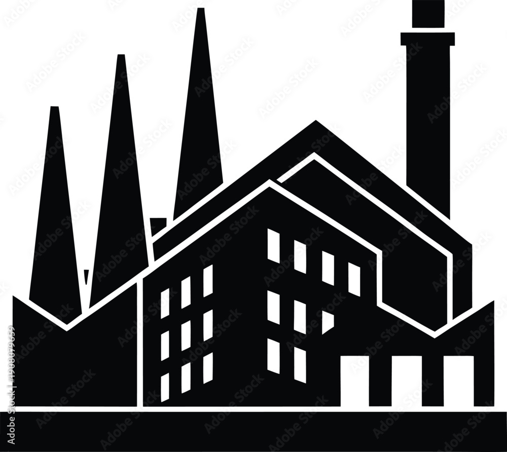 Fototapeta premium Black silhouette of a factory with multiple smokestacks and windows on a white background